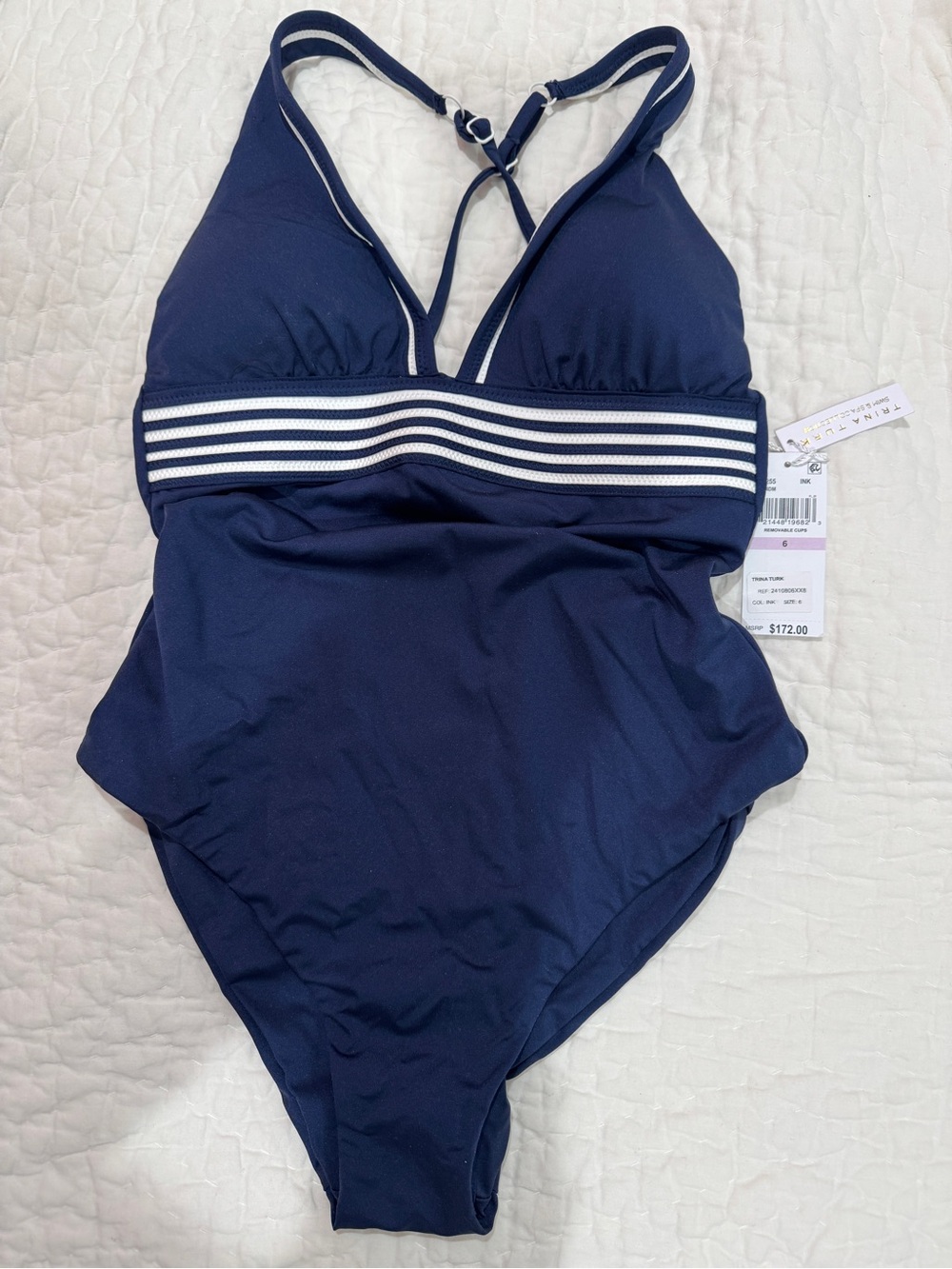 Tina Turk NEW Navy One-Piece Swimsuit with White Stripe Band